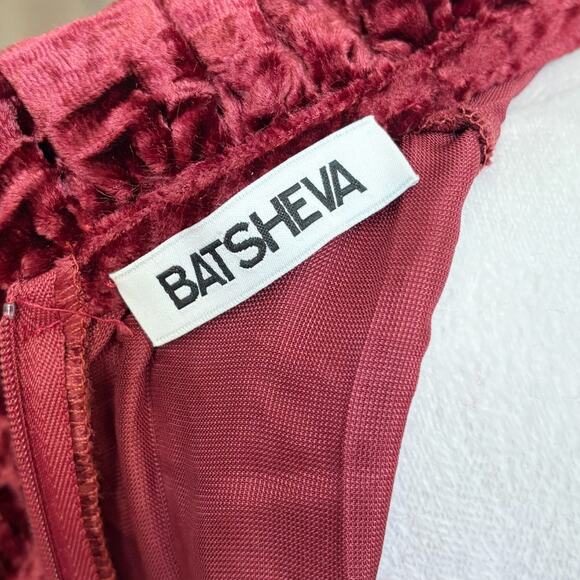 Batsheva Ruffled Plissé Cotton-Velvet Mini Dress 2 Red NEW - Picture 7 of 8